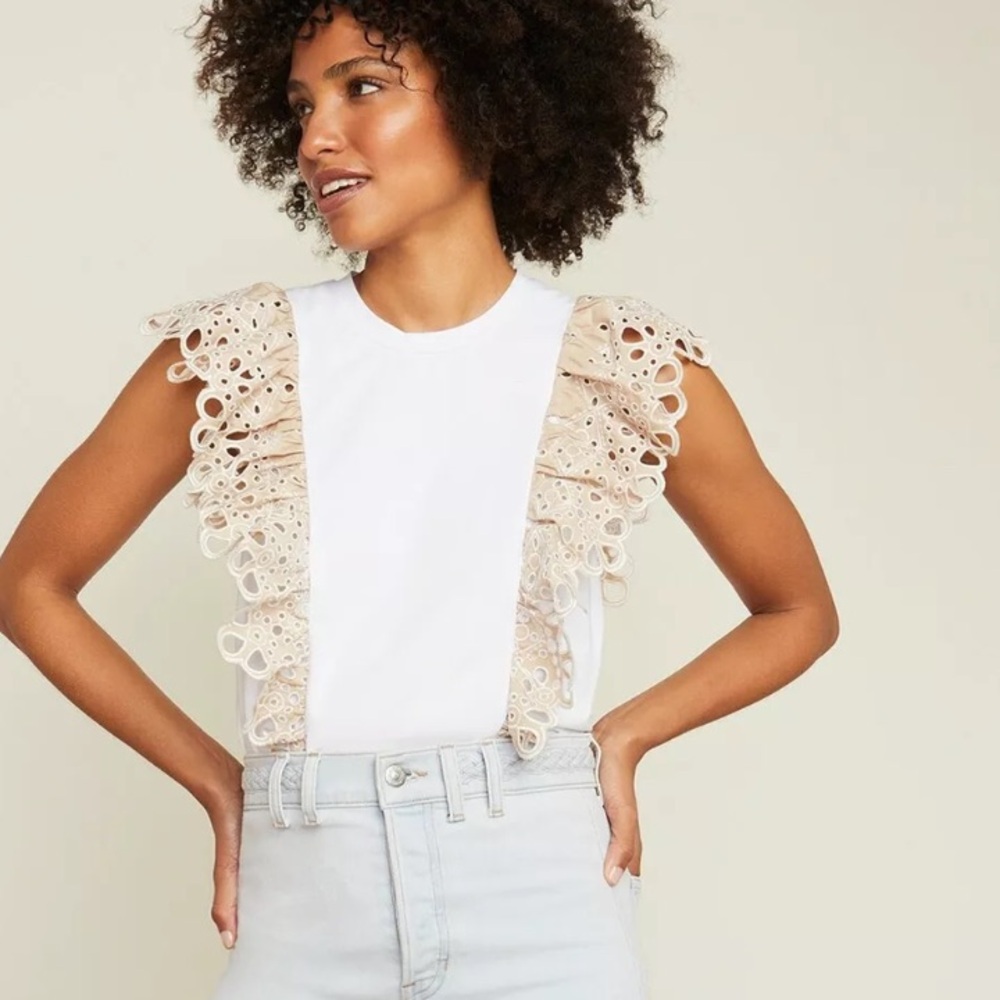 Veronica Beard S Jeans Jadi Ruffle Tee in White/Khaki Tan Cotton New No Tag.